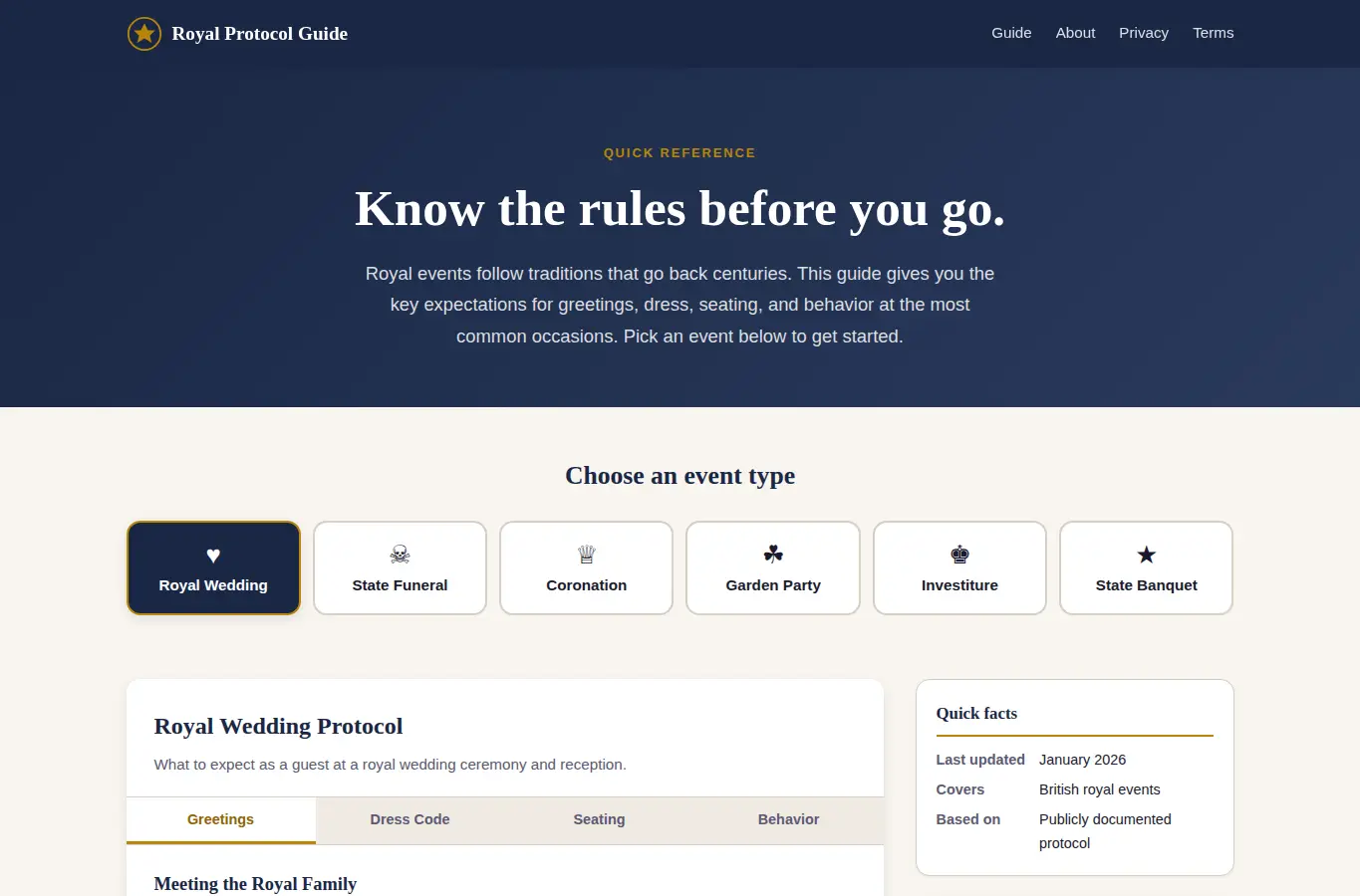 Screenshot of Royal Event Protocol & Etiquette Guide interface showing the project page in use